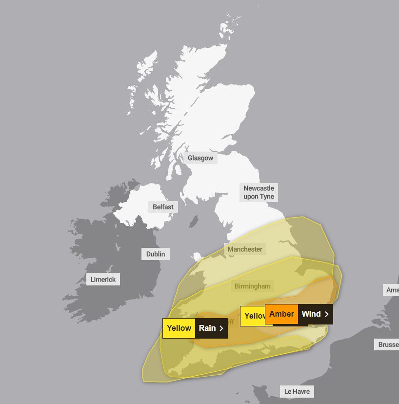 Brits are braced for 80mph winds and heavy rain today