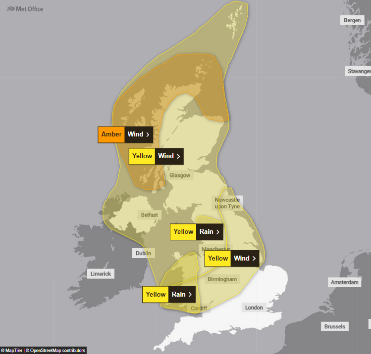 Yellow and orange warnings have been put in place for much of the UK with incoming Storm Jocelyn