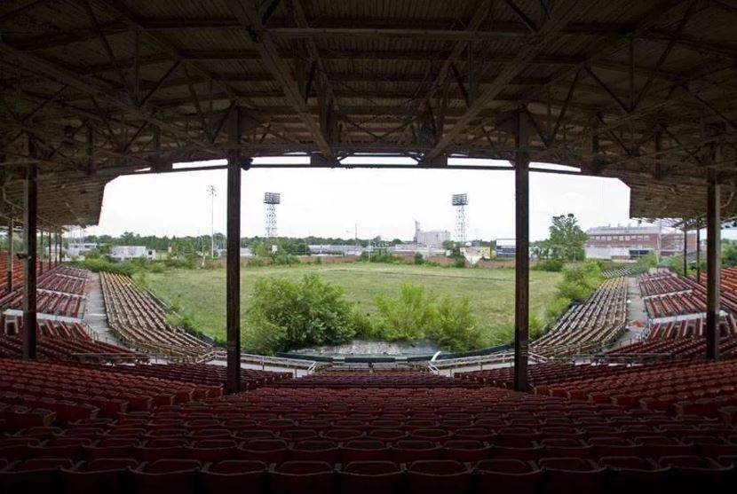 The abandoned Bush Stadium in Indianapolis after years of disuse