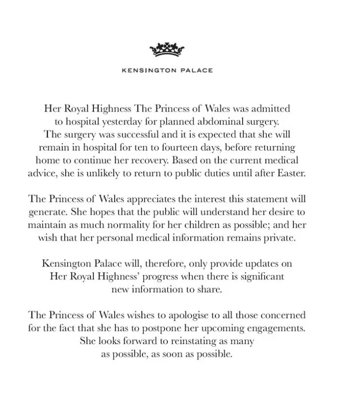 A statement was released by the palace today on X