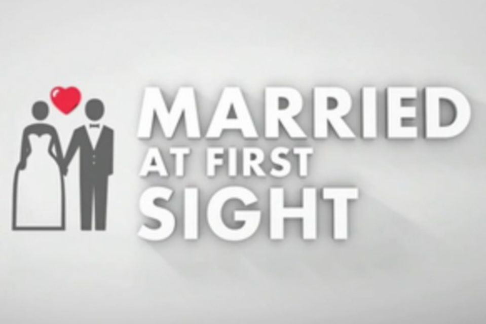 a logo for married at first sight with a bride and groom