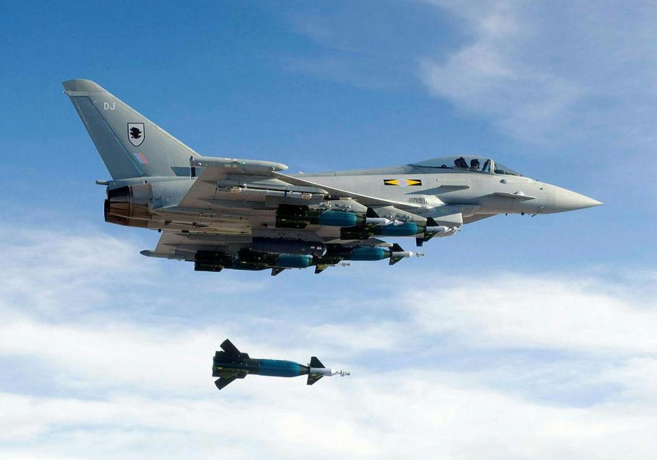 An RAF jet drops a laser-guided Paveway bomb - used in the attacks on Houthi targets