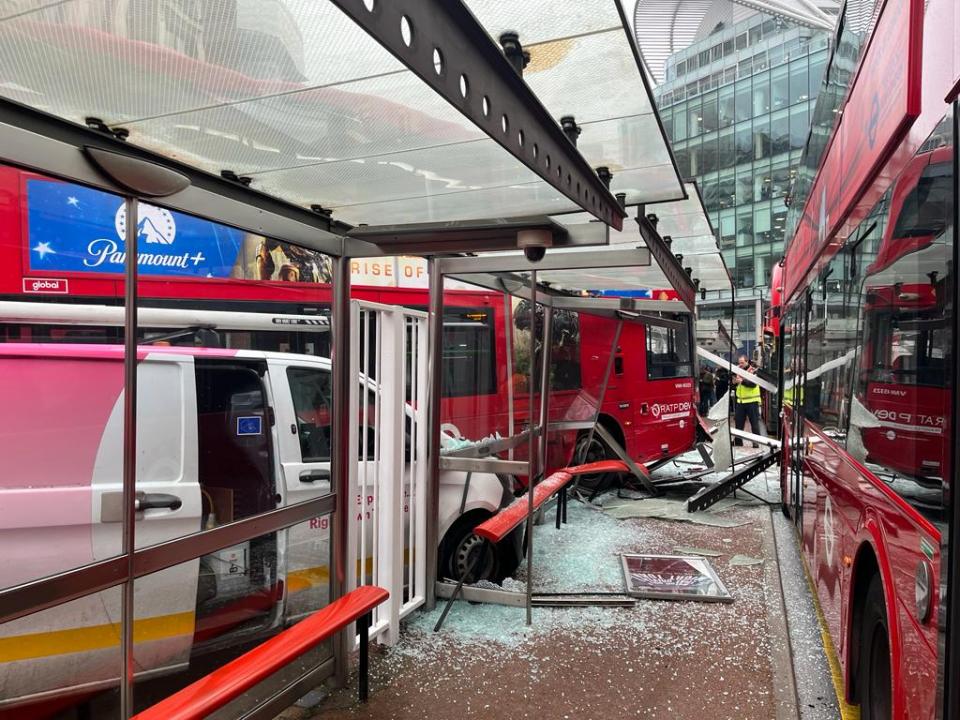 The pedestrian, a 56-year-old woman, has died after a bus collided with a shelter in central London