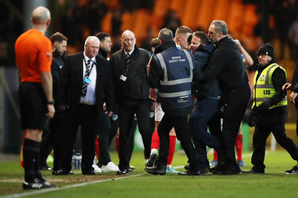 The pitch invader was restrained by staff and stewards in the dugout