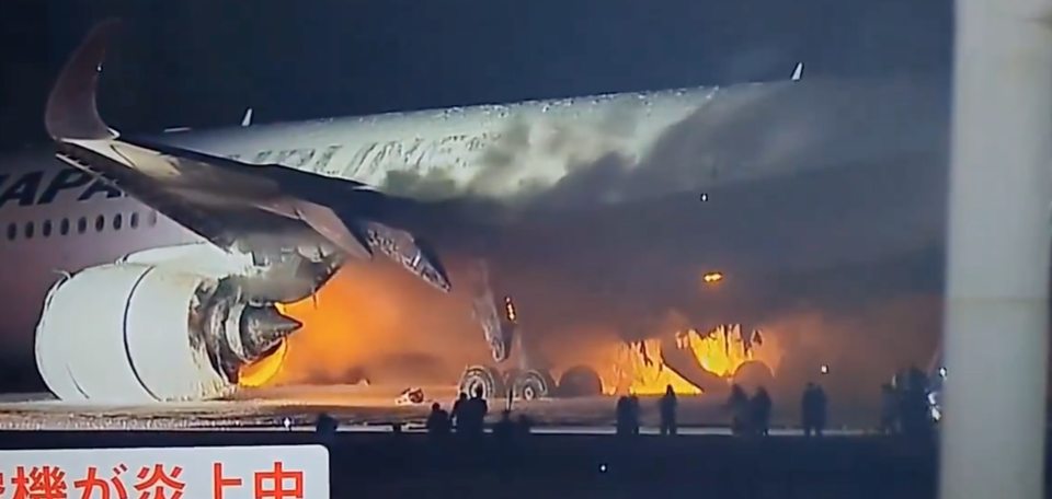 Dozens of people were seen running to safety as flames engulf the aircraft