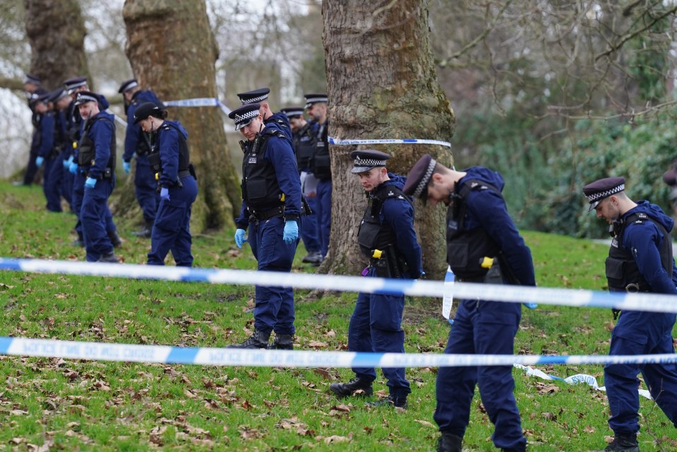 Police officers conduct a fingertip search on Primrose Hill, in Camden