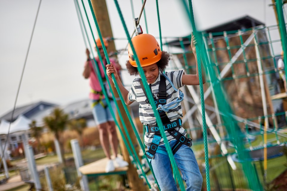 a boy wearing a helmet and a harness with the word ed on it