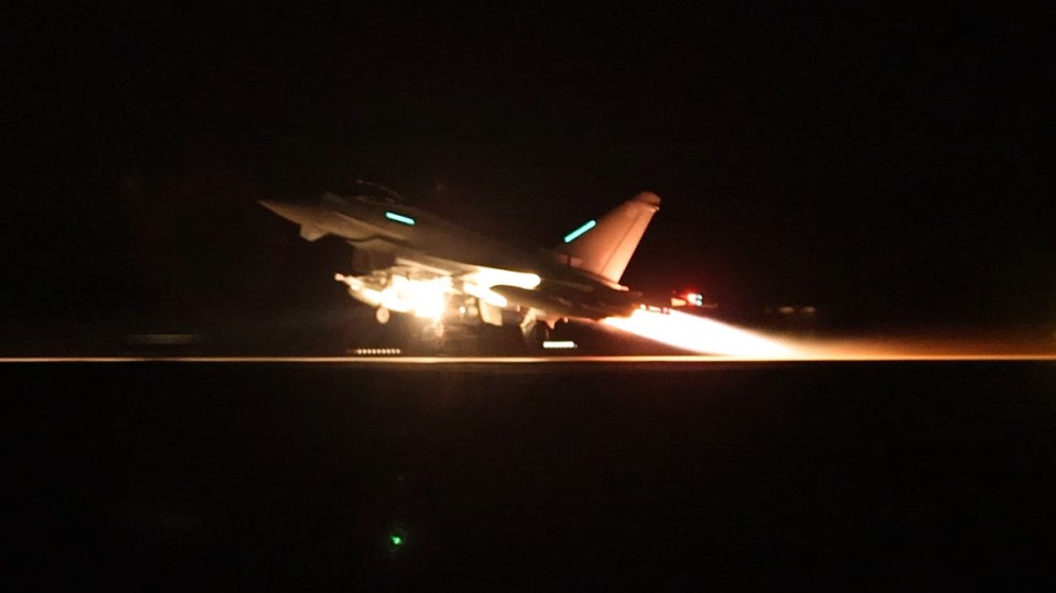 Footage shows an RAF fighter jet taking off in the night