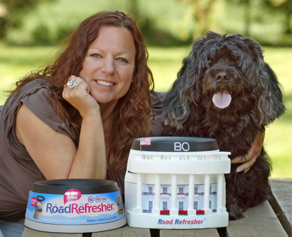 Natalie with a special bowl made for Barack Obama's dog Bo