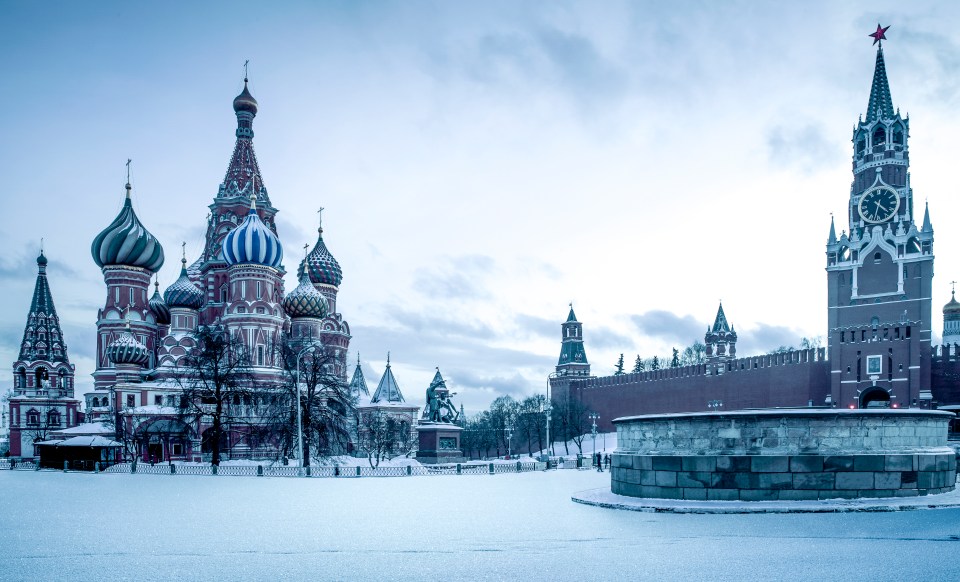 A snowy Red Square in Moscow, Russia