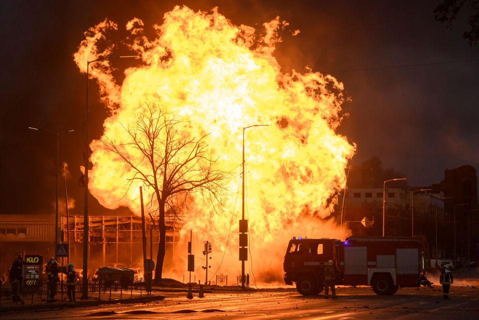 Mandatory Credit: Photo by Maxym Marusenko/NurPhoto/Shutterstock (14282711c) A fire is burning in Kyiv, Ukraine, on January 2, 2024, caused by a Russian missile strike during a massive missile attack this morning. A Massive Russian Missile Attack On Kyiv, Ukraine - 02 Jan 2024