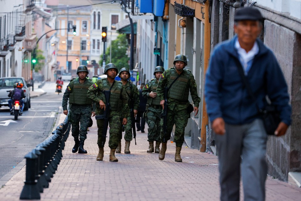 Soldiers patrol the city’s historic centre a day after Ecuador’s President Daniel Noboa declared a 60-day state of emergency