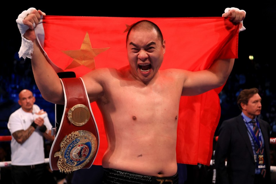 LONDON, ENGLAND - SEPTEMBER 23: Zhilei Zhang celebrates victory against Joe Joyce during the WBO Interim World Heavyweight Title fight between Zhilei Zhang and Joe Joyce at OVO Arena Wembley on September 23, 2023 in London, England. (Photo by Stephen Pond/Getty Images)