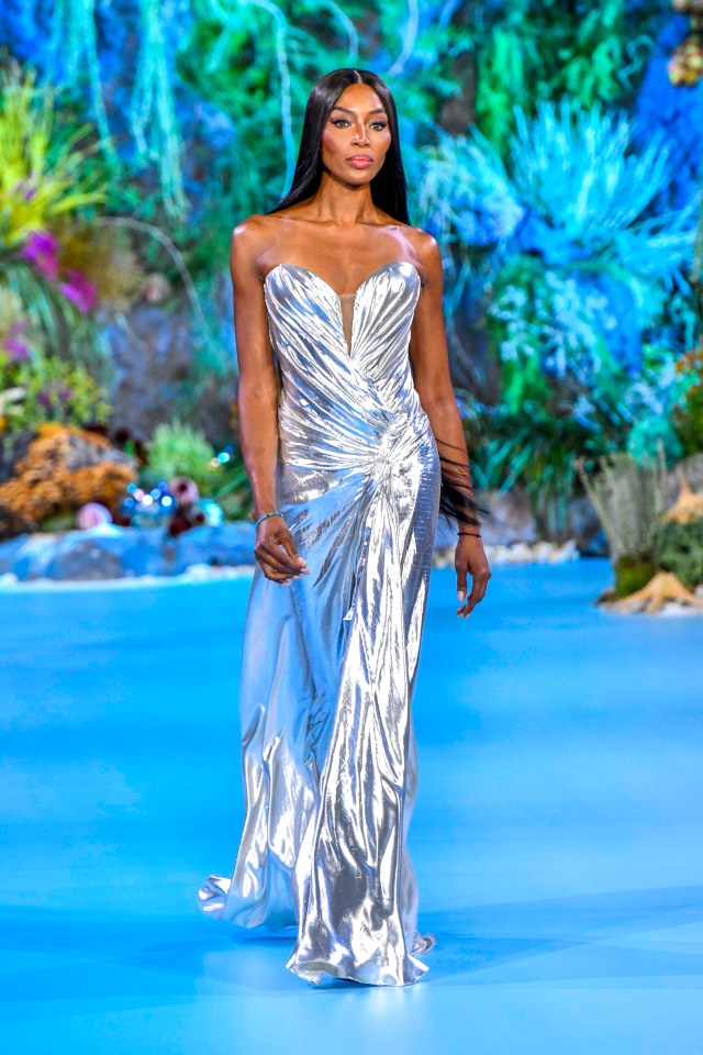 Naomi Campbell strutted the runway in this metallic silver outfit at Celia Kritharioti’s spectacle