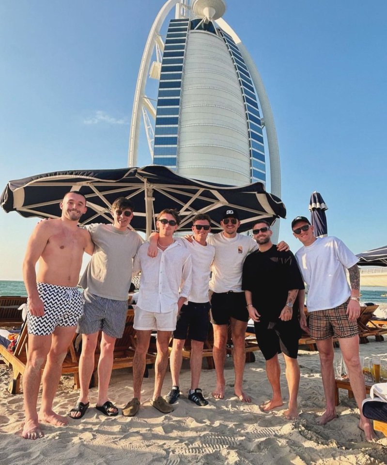 Maguire  was also spotted on the Dubai each with John McGinn, far left, Jordan Pickford, far right, and Luke Shaw, second from right