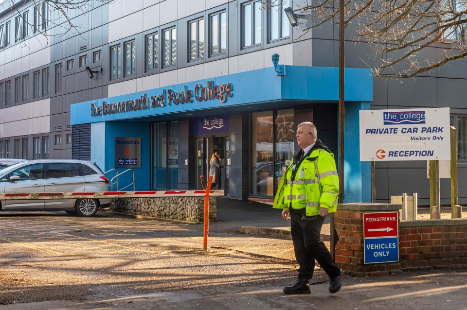 A policeman patrolling outside Bournemouth and Poole College today