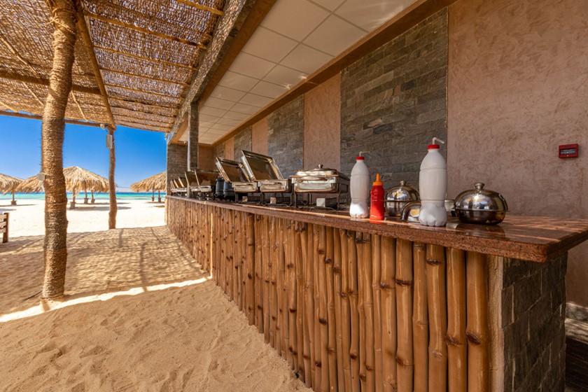 A bar serves drinks throughout the day on the island