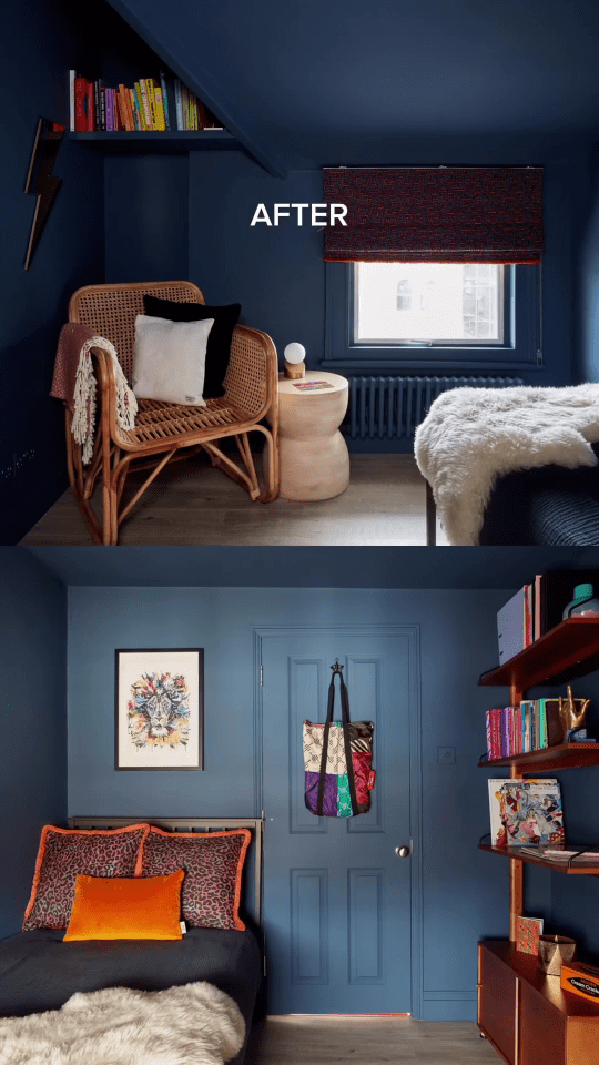 She painted the bedroom in navy blue, from the walls to the ceiling and even the heater