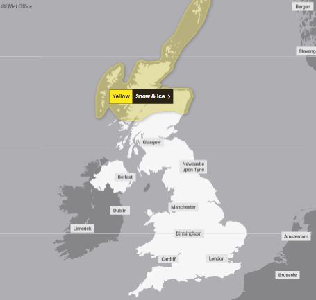 The Met Office has warned snow and ice are likely to cause travel chaos in northern Scotland on Sunday