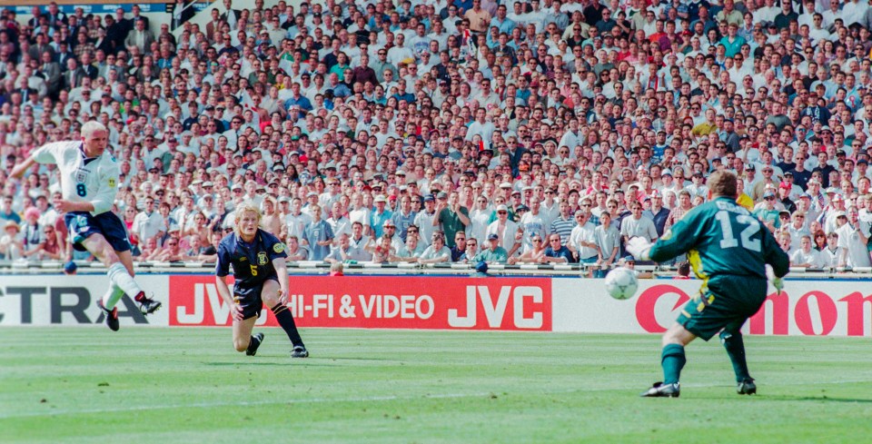 Paul Gascoigne fires in his famous strike against Scotland during Euro 96