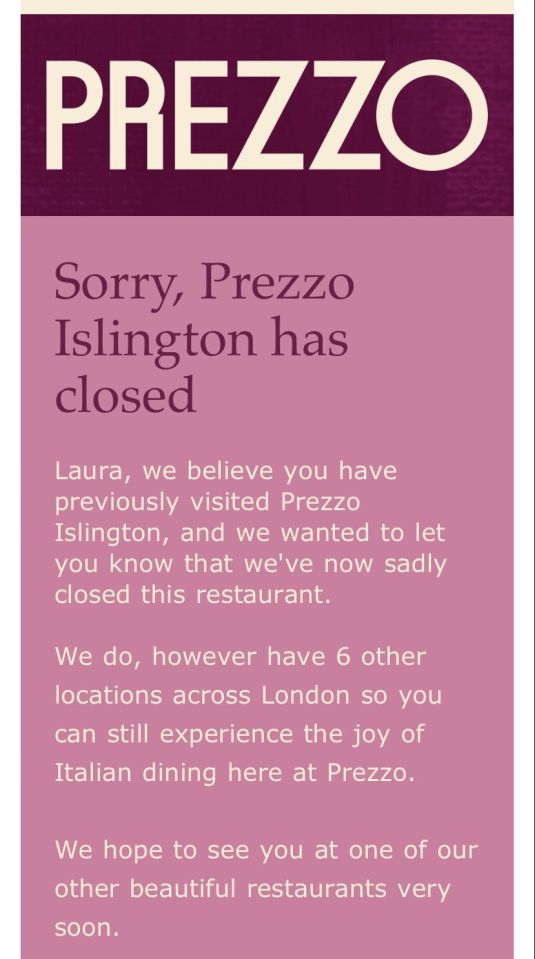 Prezzo in Islington has said goodbye to its customers