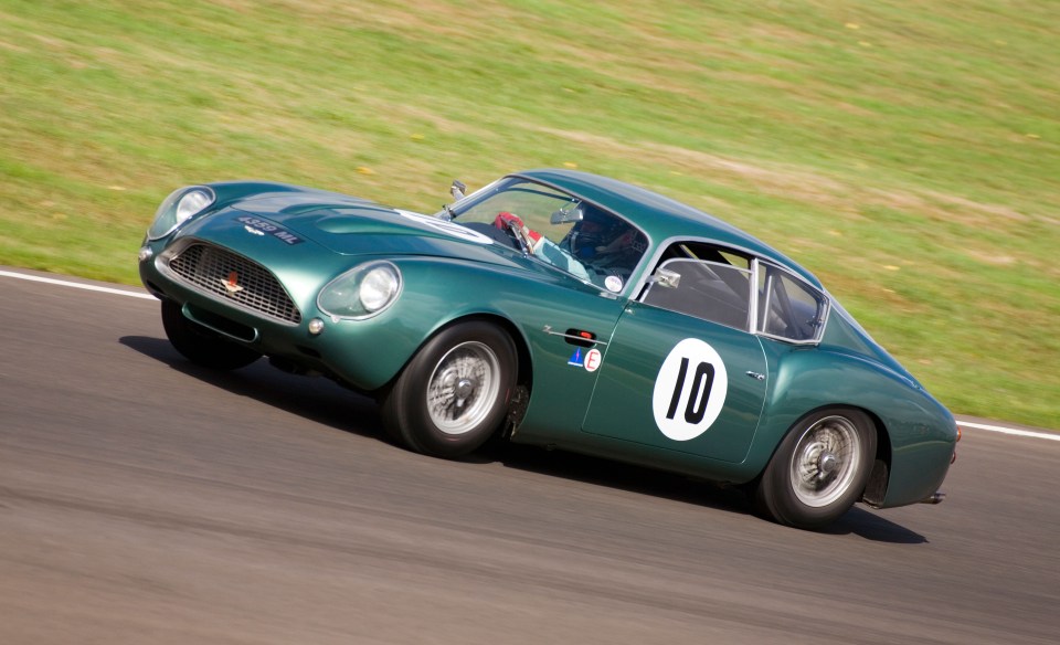 A 1962 Aston Martin DB4 GT Zagato during the Royal Automobile Club TT Celebration race