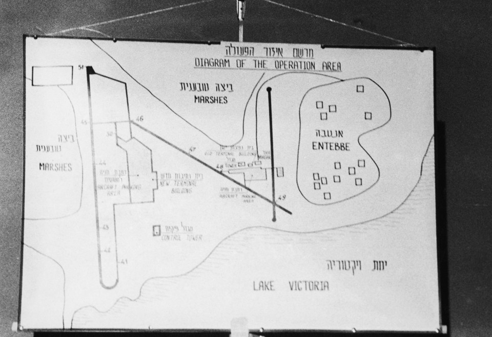 A map of Entebbe Airport is shown at a press conference in Israel following Operation Entebbe