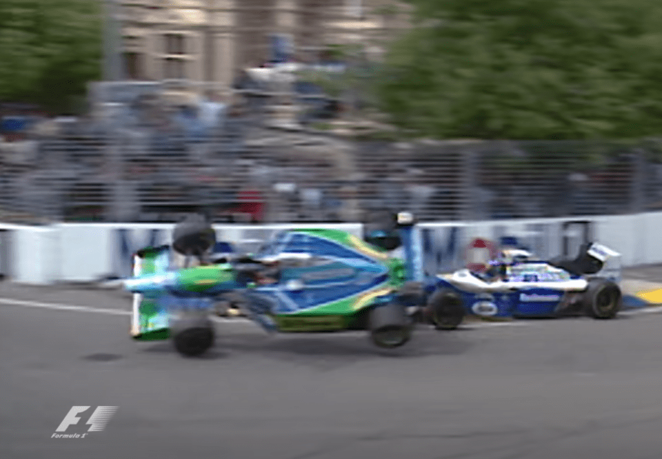 Schumacher's car went airbourne after trying to cut up rival Hill in 1994