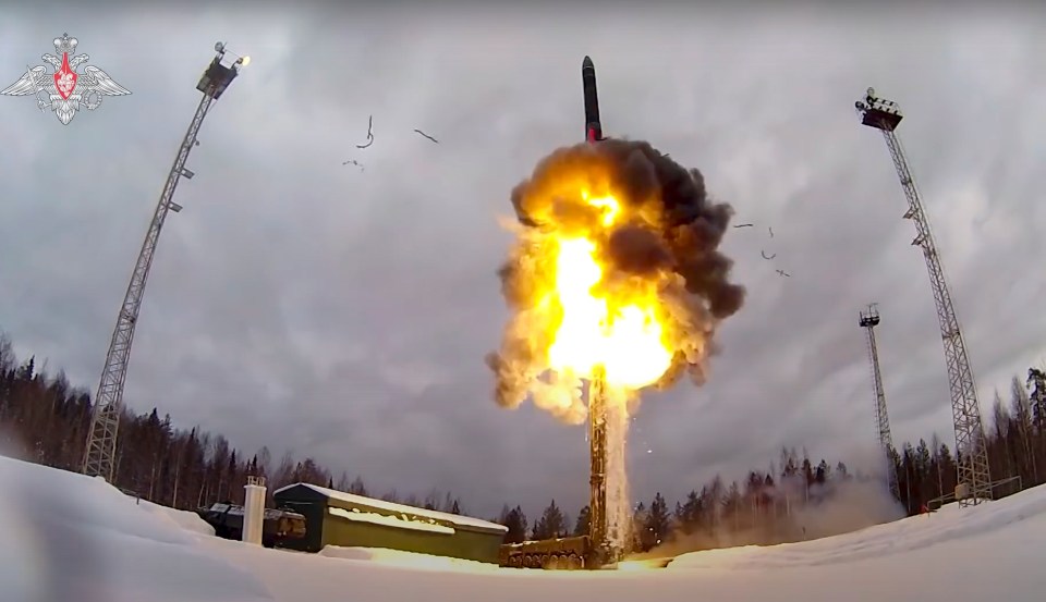 A Yars intercontinental ballistic missile being launched from an air field during military drills in February 2022