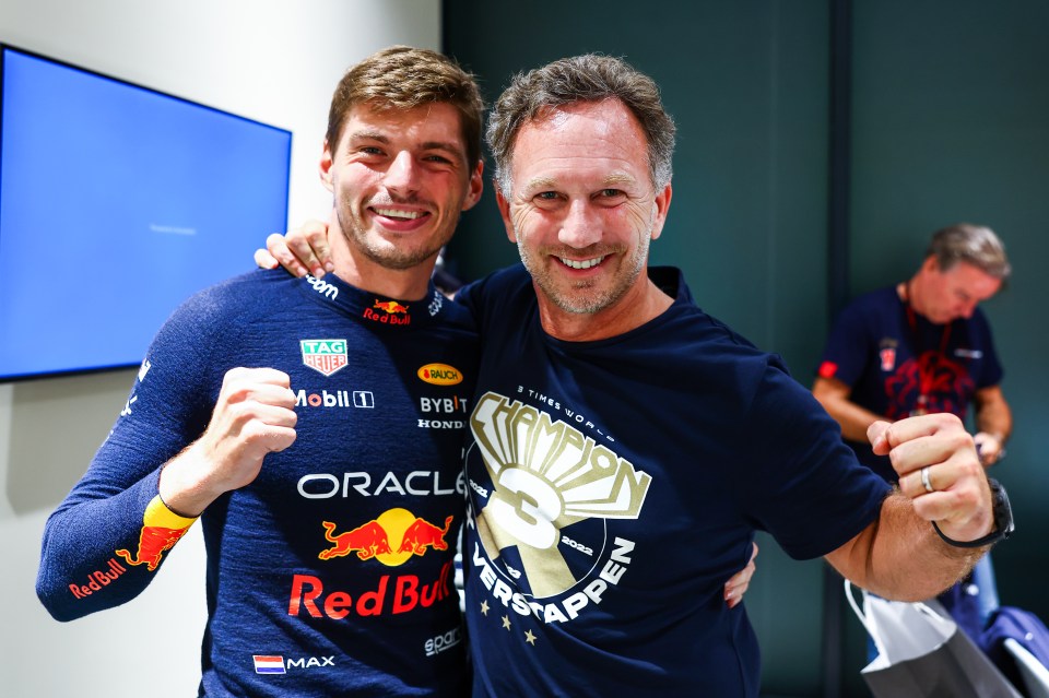 Max Verstappen and Horner pose after the Qatar Grand Prix in October last year