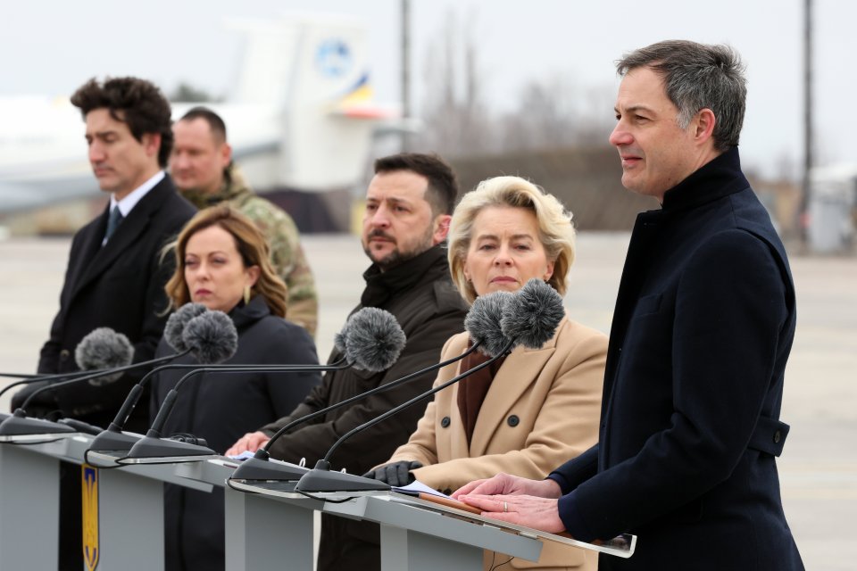 Justin Trudeau, Giorgia Meloni, Volodymyr Zelensky, Ursula Von der Leyen and Alexander De Croo (pictured in order) speaking at Hostomel airport