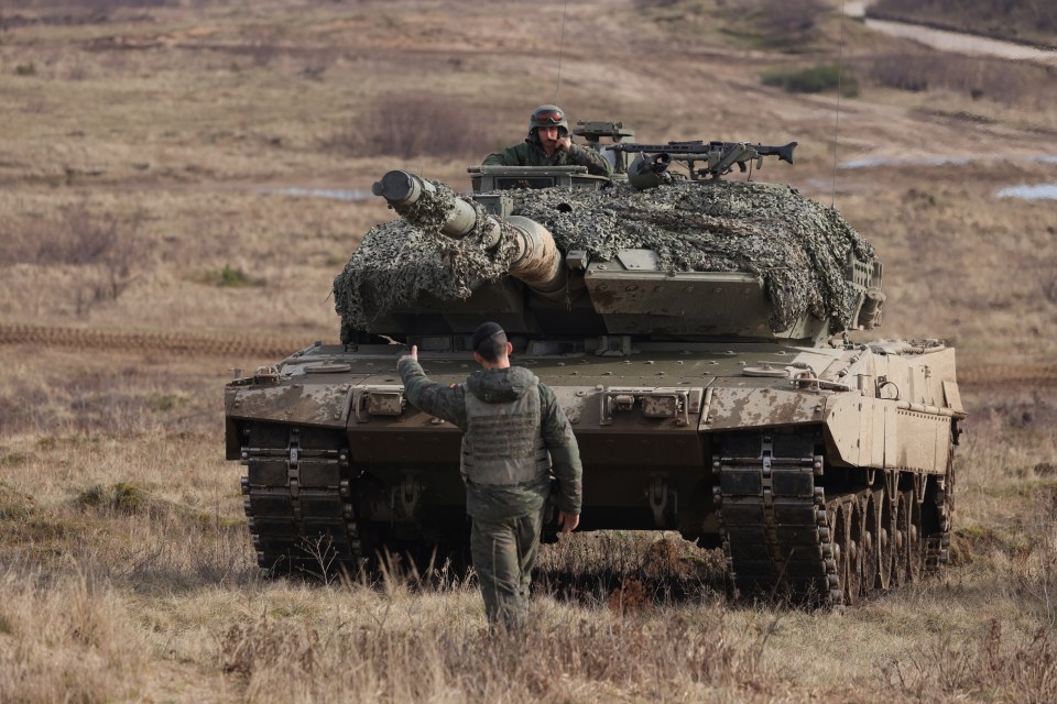 A Leopard 2E main battle tank of the Spanish armed forces takes part in the Nato military exercises