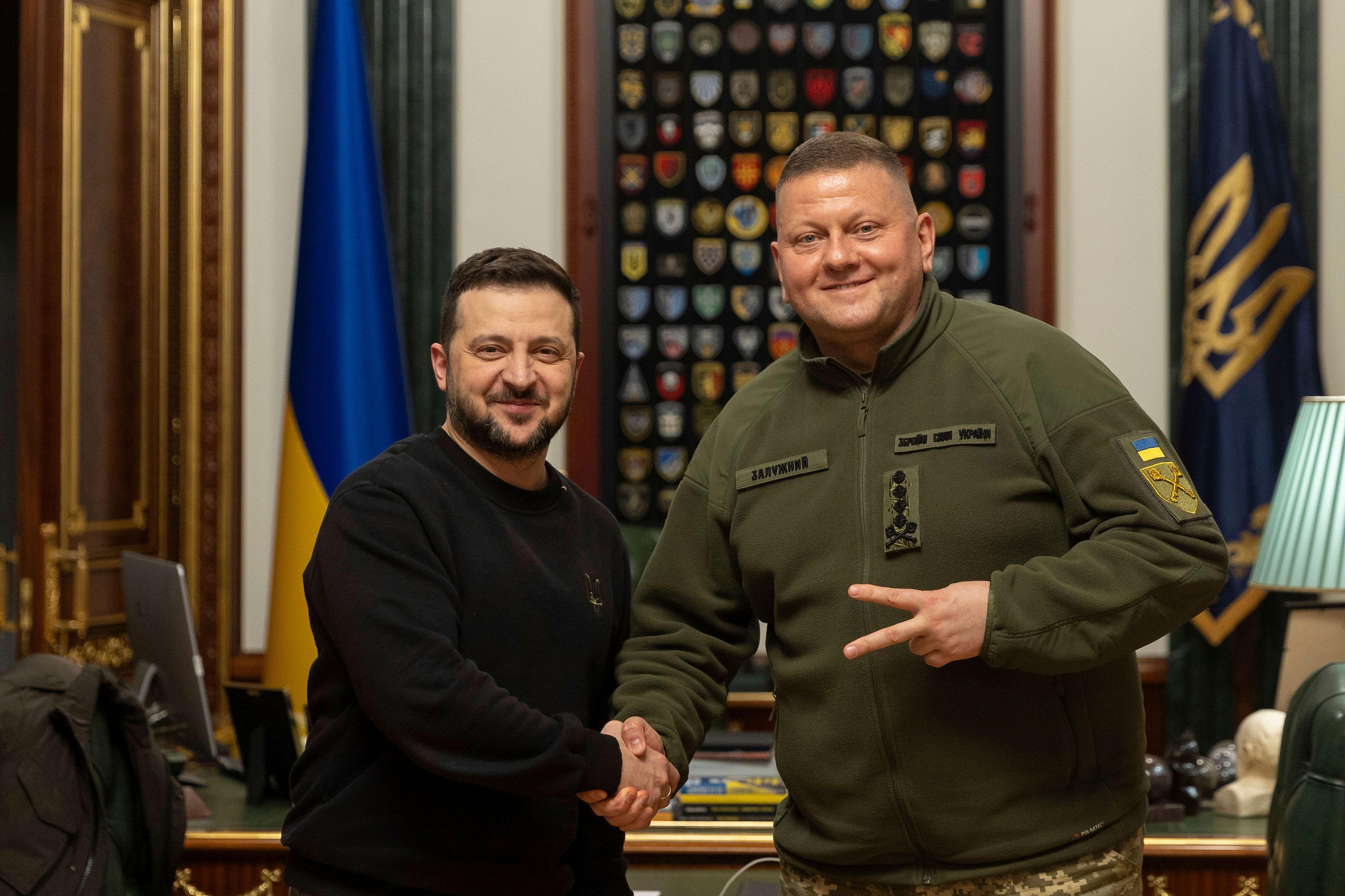 Zelensky is pictured shaking hands with former commander-in-chief Gen Valerii Zaluzhnyi as he announced his sacking on Feb 8