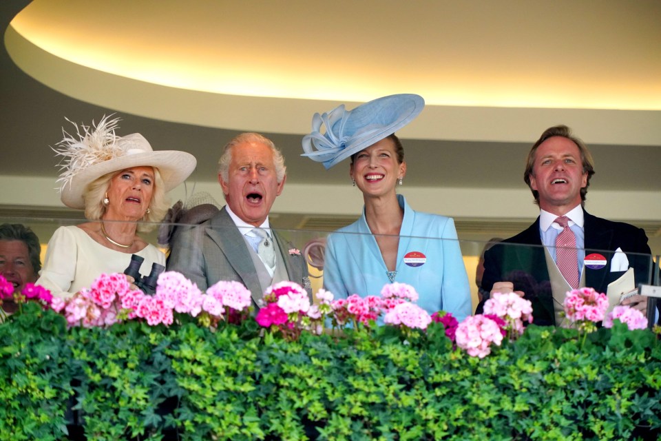 King Charles, Queen Camilla, Lady Gabriella and Thomas Kingston watch the Wokingham Stakes from the royal box