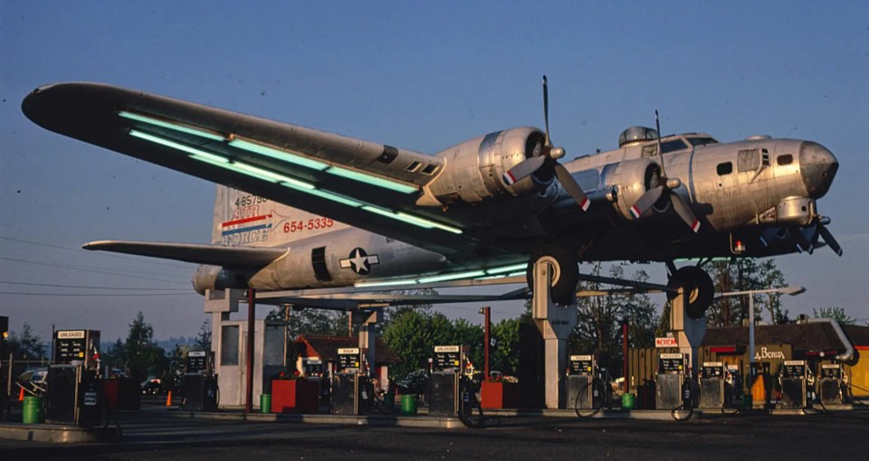 One of the world's weirdest petrol stations has an ex-WWII B-17 bomber on top of the pumps