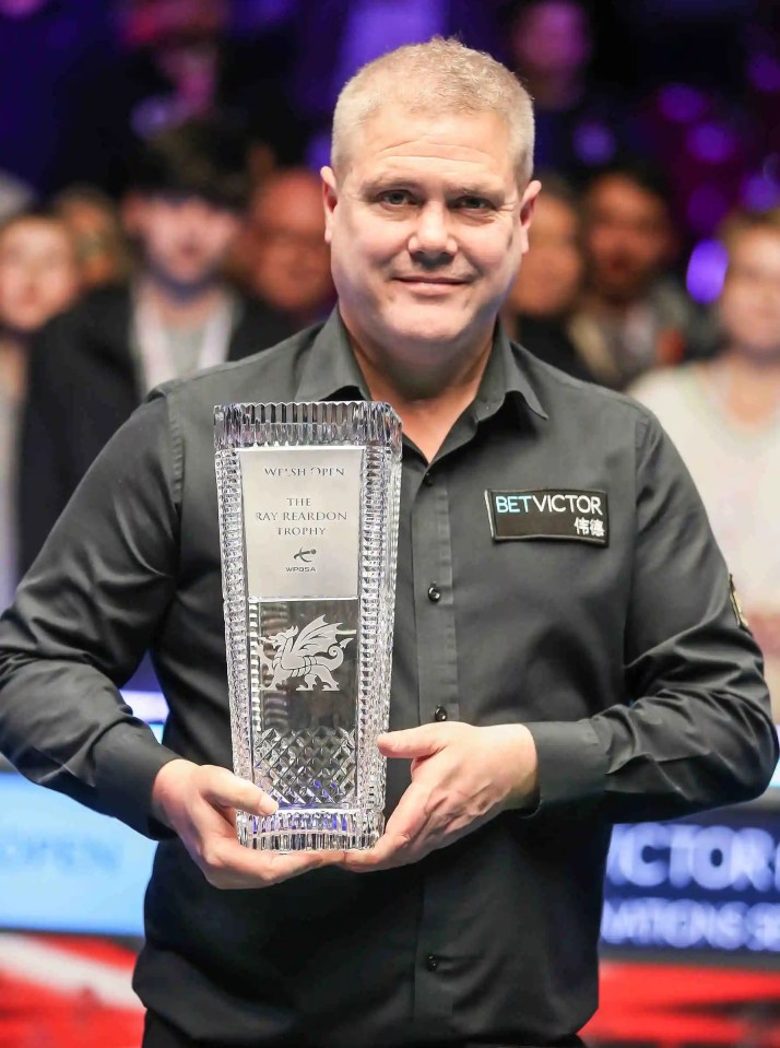 Robert Milkins holding the Ray Reardon Trophy following his victory over Sean Murphy in the 2023 Welsh Open final