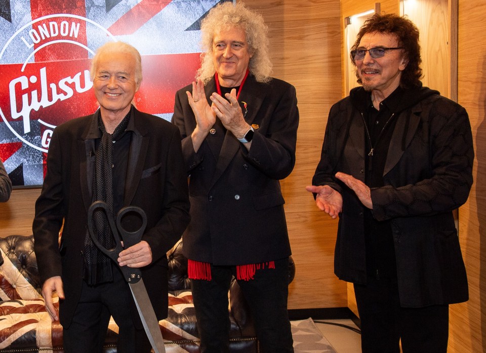 Led Zeppelin’s Jimmy Page joined Queen’s Brian May and Black Sabbath’s Tony Iommi to officially open the Gibson Garage, just off London’s Oxford Street