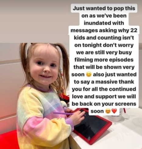 Sue Radford took to Instagram to reassure fans that their TV show 22 Kids and Counting will be back soon