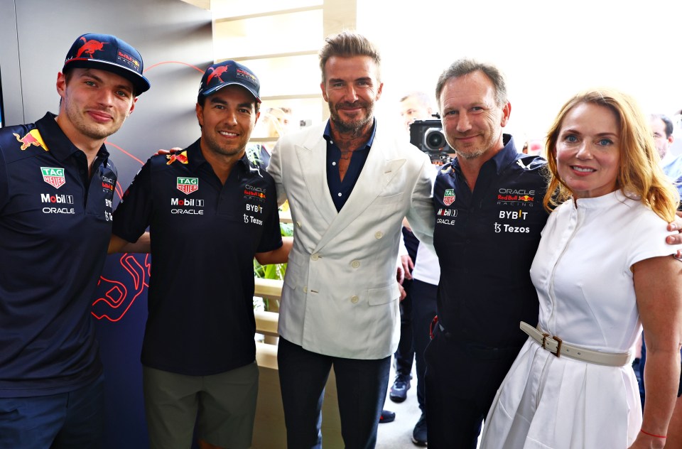 (L-R) Max Verstappen, Sergio Perez, David Beckham, Christian Horner and Geri Halliwell at the Grand Prix of Miami in May 2022