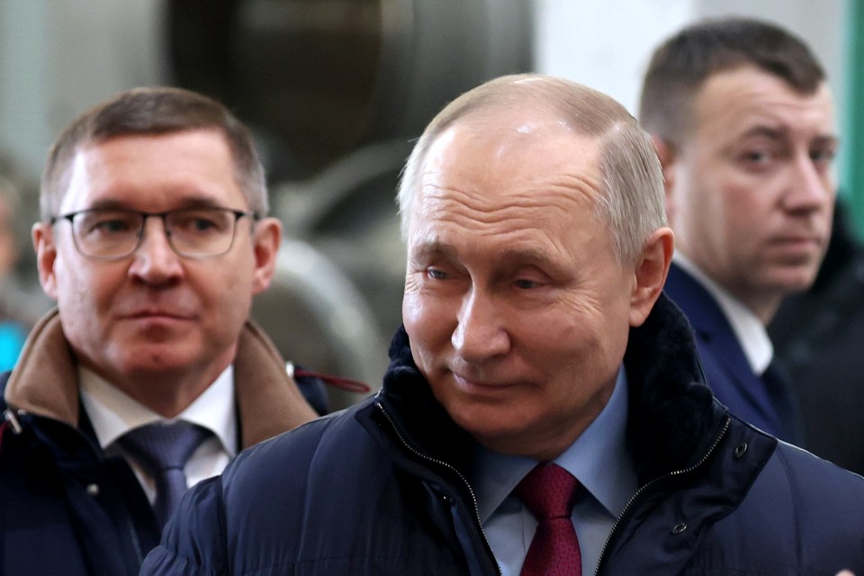 Russian President Vladimir Putin visits the Chelyabinsk Forge-and-Press Plant in Chelyabinsk, Russia, Friday, Feb. 16, 2024. (Alexander Ryumin, Sputnik, Kremlin Pool Photo via AP)