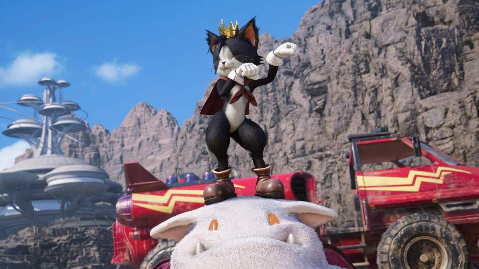 A crowned cat character dances atop a creature's head near a vehicle and futuristic structures.