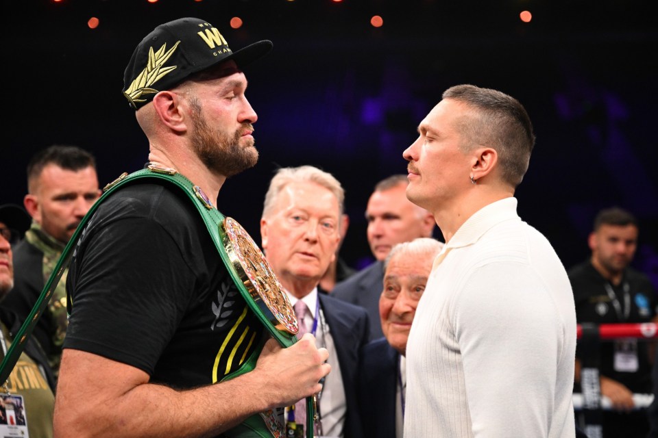 RIYADH, SAUDI ARABIA - OCTOBER 28: Tyson Fury and Oleksandr Usyk face off after the Heavyweight fight between Tyson Fury and Francis Ngannou at Boulevard Hall on October 28, 2023 in Riyadh, Saudi Arabia. (Photo by Justin Setterfield/Getty Images)