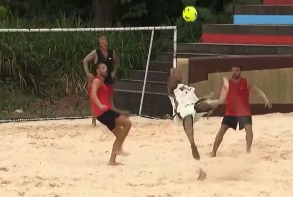 The Brazil ace joined in a game of beach football on Survivor