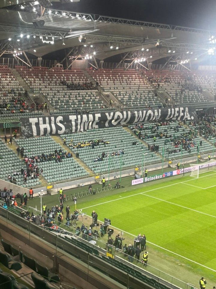 Legia Warsaw's Zyleta stand usually populated by ultras featured a message to Uefa