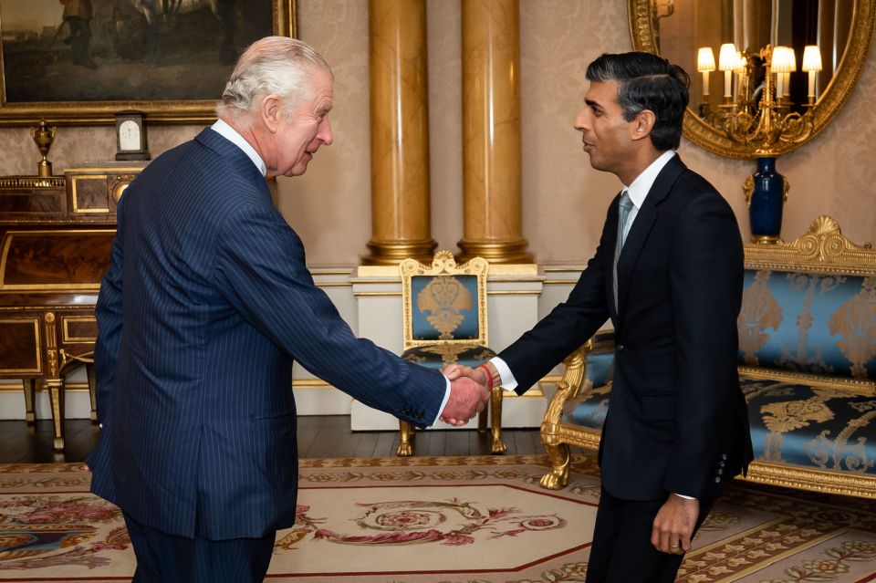 King Charles III welcomes Rishi Sunak during an audience at Buckingham Palace, London, where he invited the newly elected leader of the Conservative Party to become Prime Minister and form a new government. Picture date: Tuesday October 25, 2022. PA Photo. See PA story POLITICS Tory. Photo credit should read: Aaron Chown/PA Wire