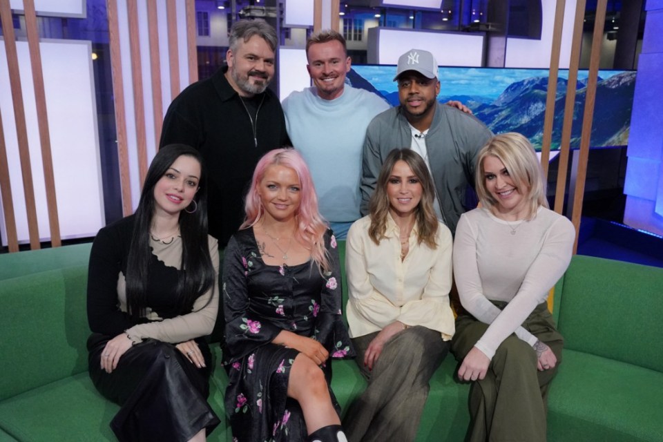 (left to right) Tina Barrett, Paul Cattermole, Hannah Spearritt, Jon Lee, Rachel Stevens, Bradley McIntosh and Jo O'Meara, of S Club 7 during filming for The One Show in London, after announcing they are reuniting for a UK tour later this year in celebration of their 25th anniversary. PA Photo. Picture date: Monday February 13, 2023. See PA story SHOWBIZ SClub7. Photo credit should read: Jonathan Brady/PA Wire