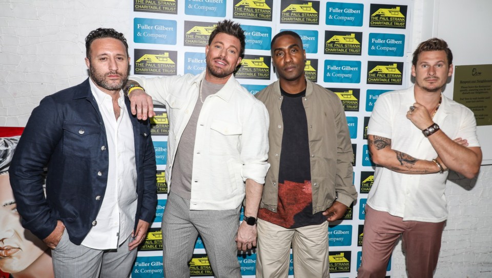 Celebrities seen attending the Paul Strank Charitable Trust Summer Party at Ours in London Pictured: Blue,Antony Costa,Duncan James,Simon Webbe,Lee Ryan Ref: SPL5326486 140722 NON-EXCLUSIVE Picture by: Brett D. Cove / SplashNews.com Splash News and Pictures USA: +1 310-525-5808 London: +44 (0)20 8126 1009 Berlin: +49 175 3764 166 photodesk@splashnews.com World Rights,