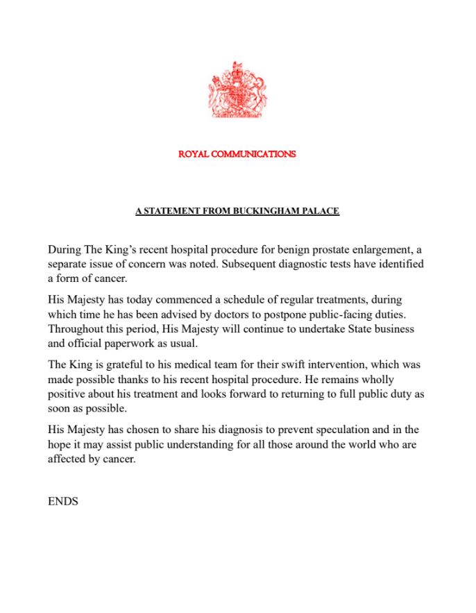 Royal Family statement regarding the Cancer diagnosis of King Charles