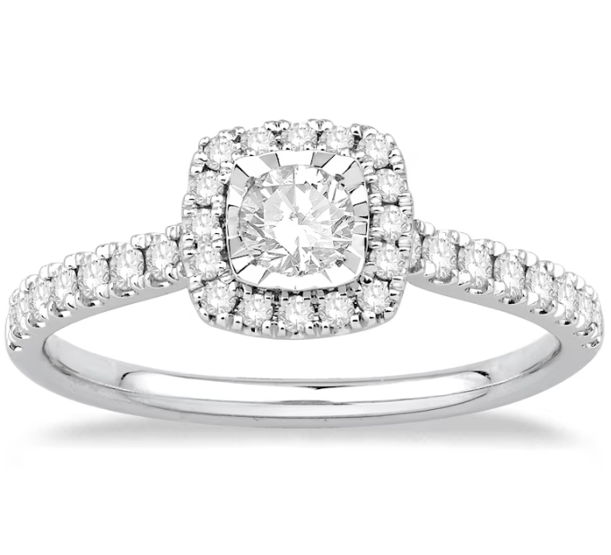 The halo style is a popular design and while it's encased with diamonds galore it is not as expensive as you may think