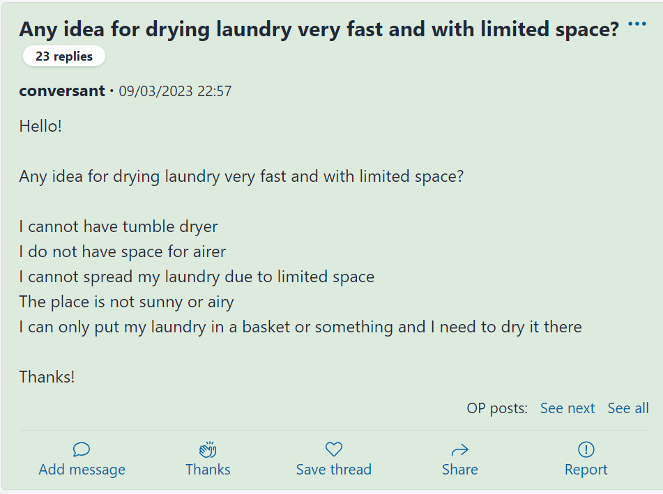 The post asked for laundry drying hacks for a small space